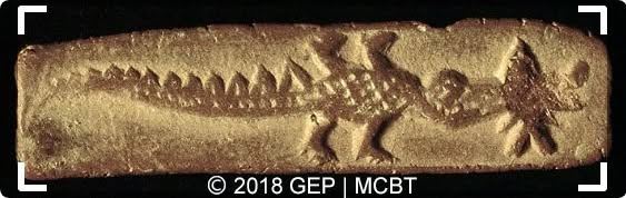 A clay tablet from the Indus Valley Civilisation (~2000–3000 BCE) showing a long-snouted crocodilian with a fish in its jaws.